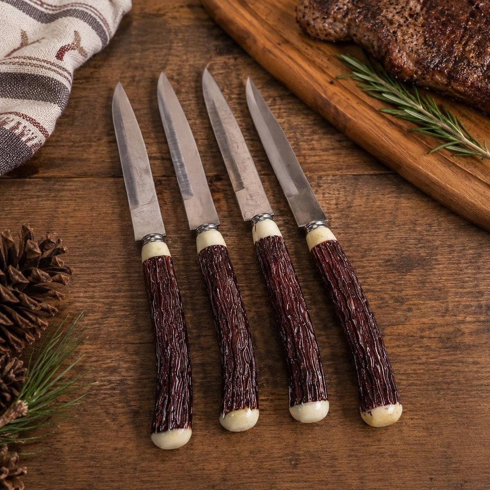 VTG Faux Antler Steak Knives Set of 4 Rustic Cabin Lodge Western Stag Style